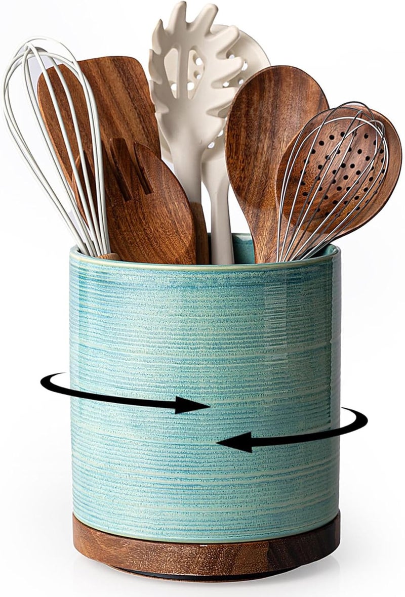 MIKIGEY Utensil Holder, 360° Rotating Extra Large Ceramic Kitchen Utensil Holder for Countertop, Cooking Utensil Crocks for Counter with Rotatable Wooden Base, Farmhouse Kitchen Decor, Green - Image 1
